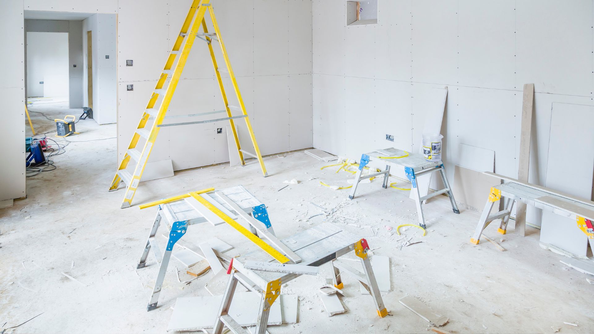 A room that is being remodeled with yellow ladders