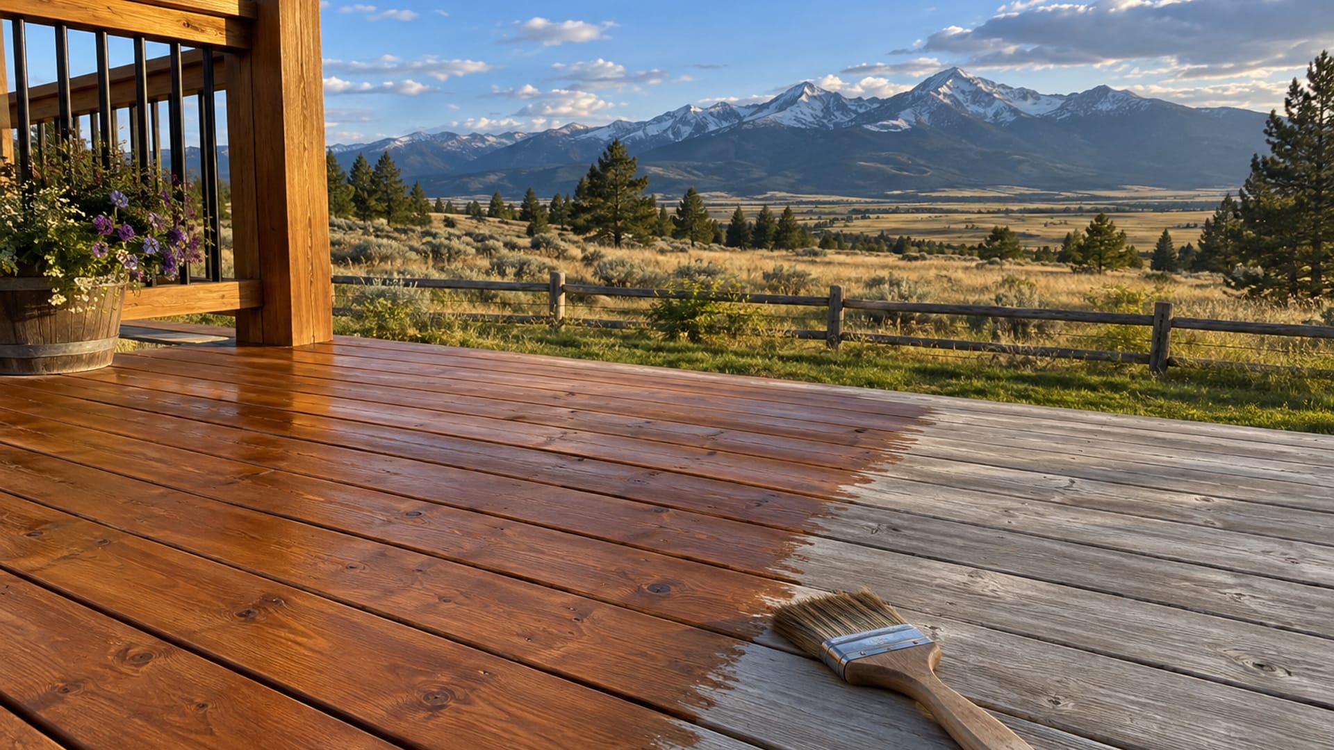 Cedar deck half stained with mountains in the distance