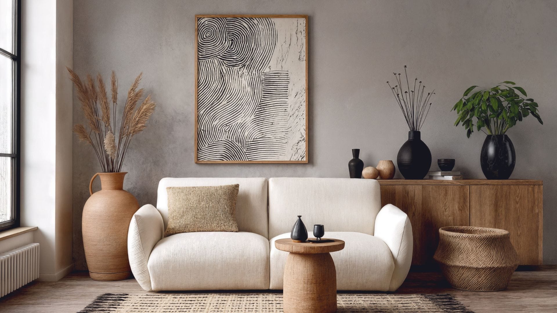 Living room accent wall with a soft plaster-style texture finish