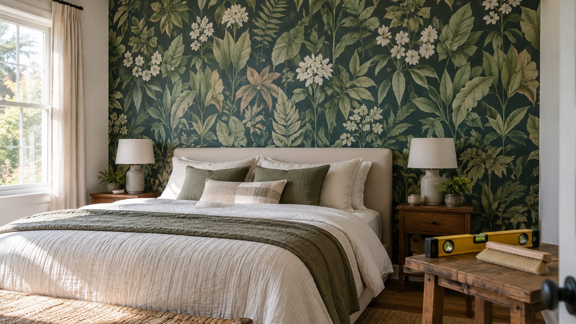 Patterned wallpaper accent wall in a bedroom