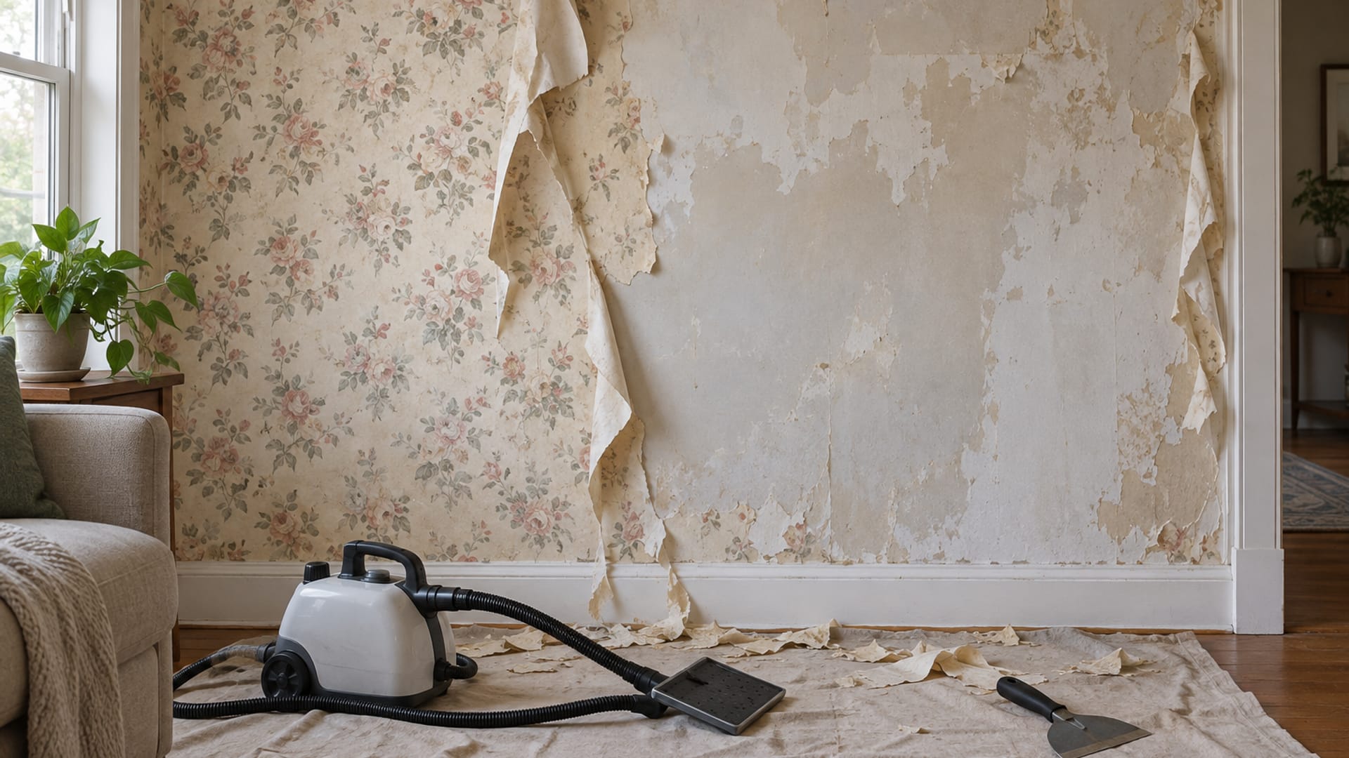 Living room wall being stripped of old wallpaper