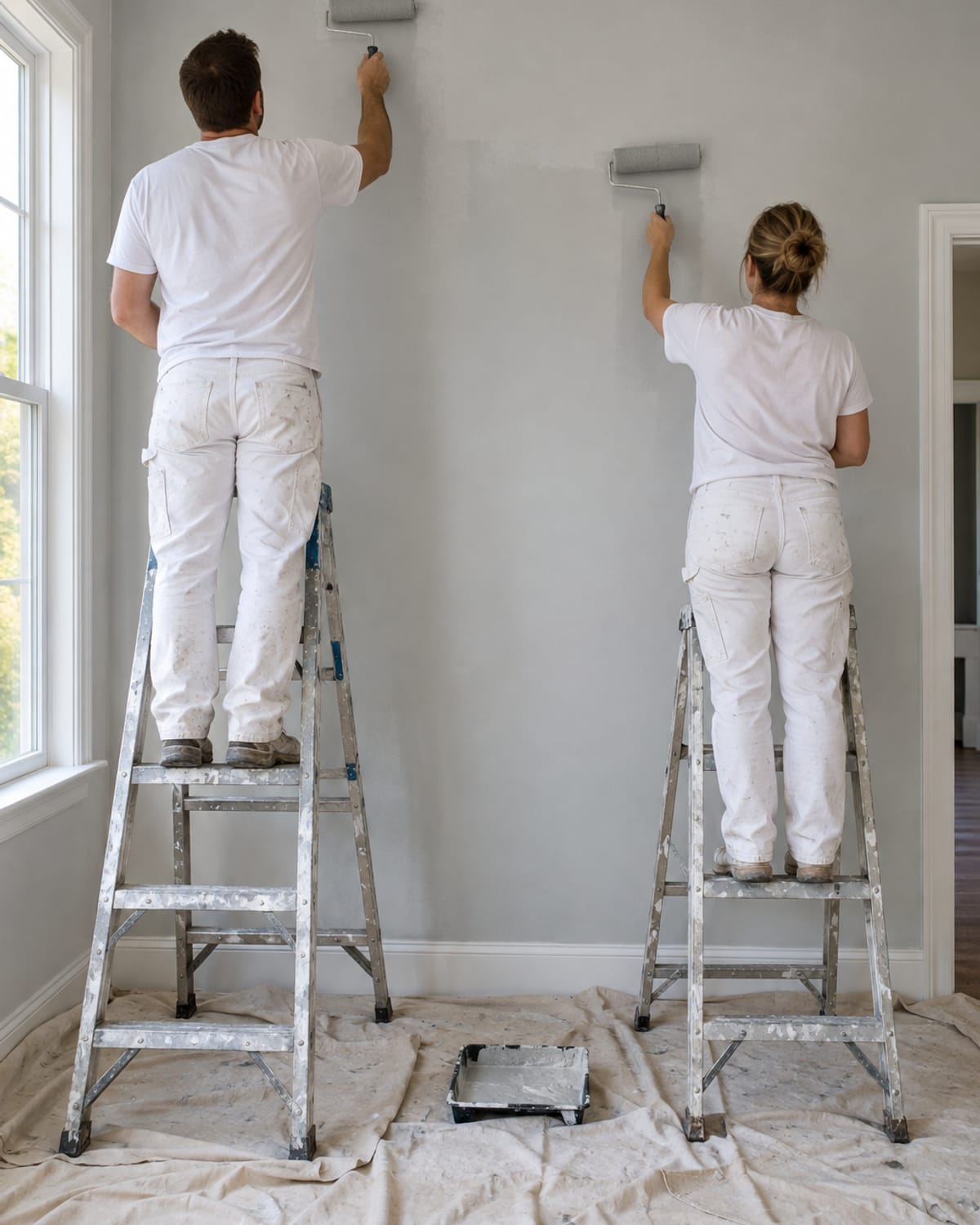 Two painters in whites rolling a pale gray interior wall from ladders over drop cloths