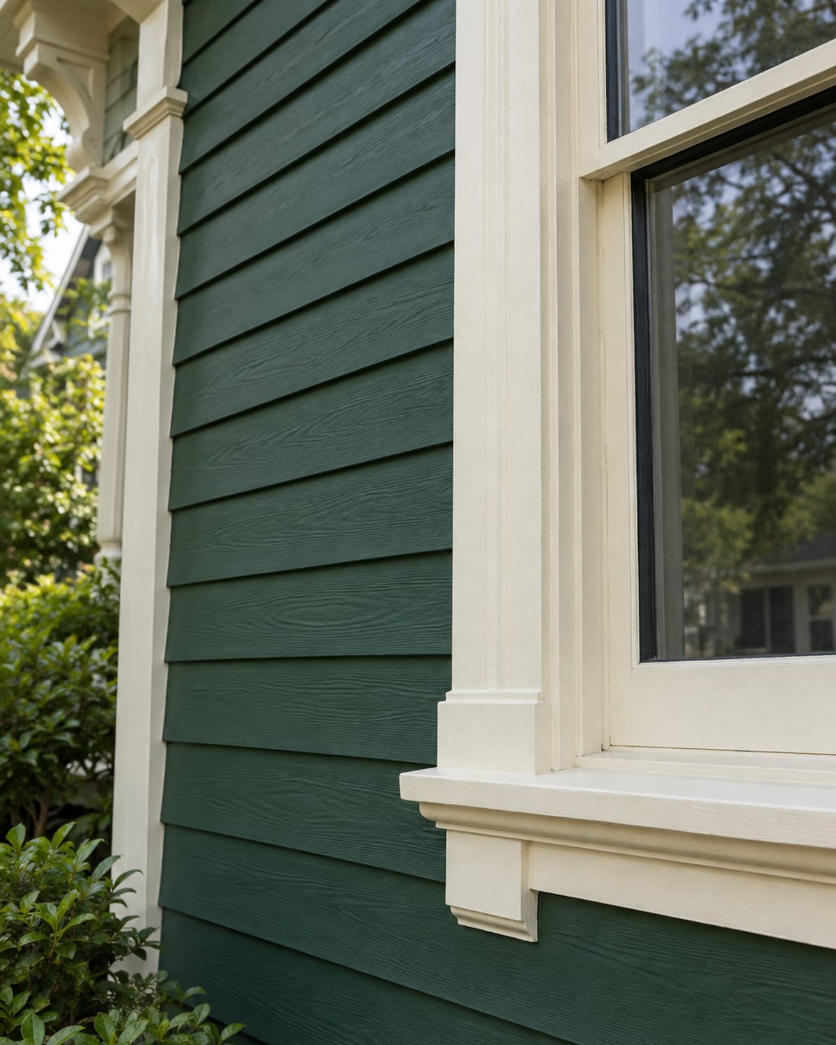Freshly painted deep green lap siding and cream window casing on an early-1900s house in Belt, MT