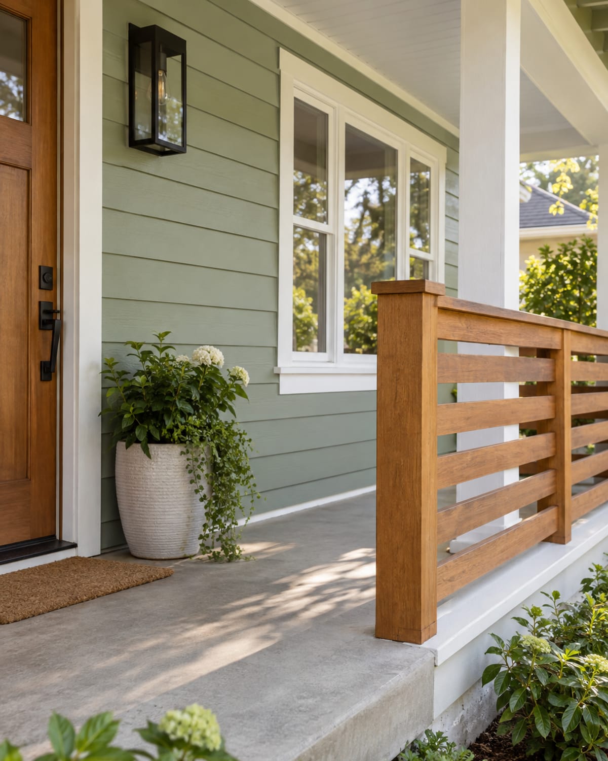 Freshly painted sage-green siding and white trim on a mid-century front porch in Black Eagle, MT