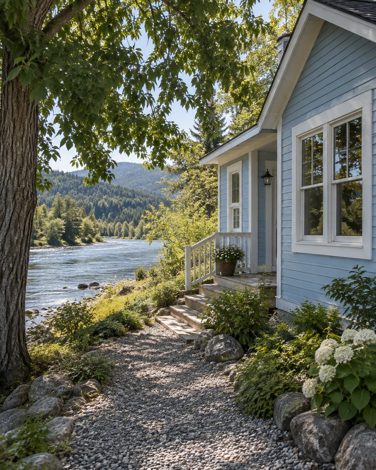 Fresh light-blue exterior paint and white window trim on a small riverside cottage in Cascade, MT