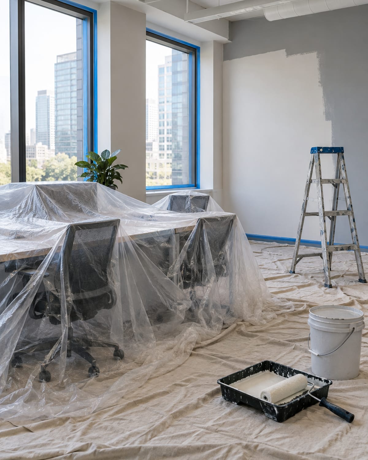 Empty office interior under plastic sheeting and drop cloths, prepped for after-hours painting