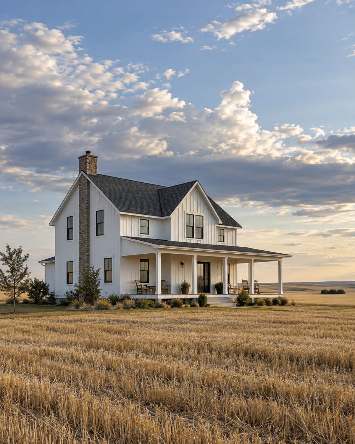 Freshly painted white farmhouse with a covered porch on the open prairie near Conrad, MT
