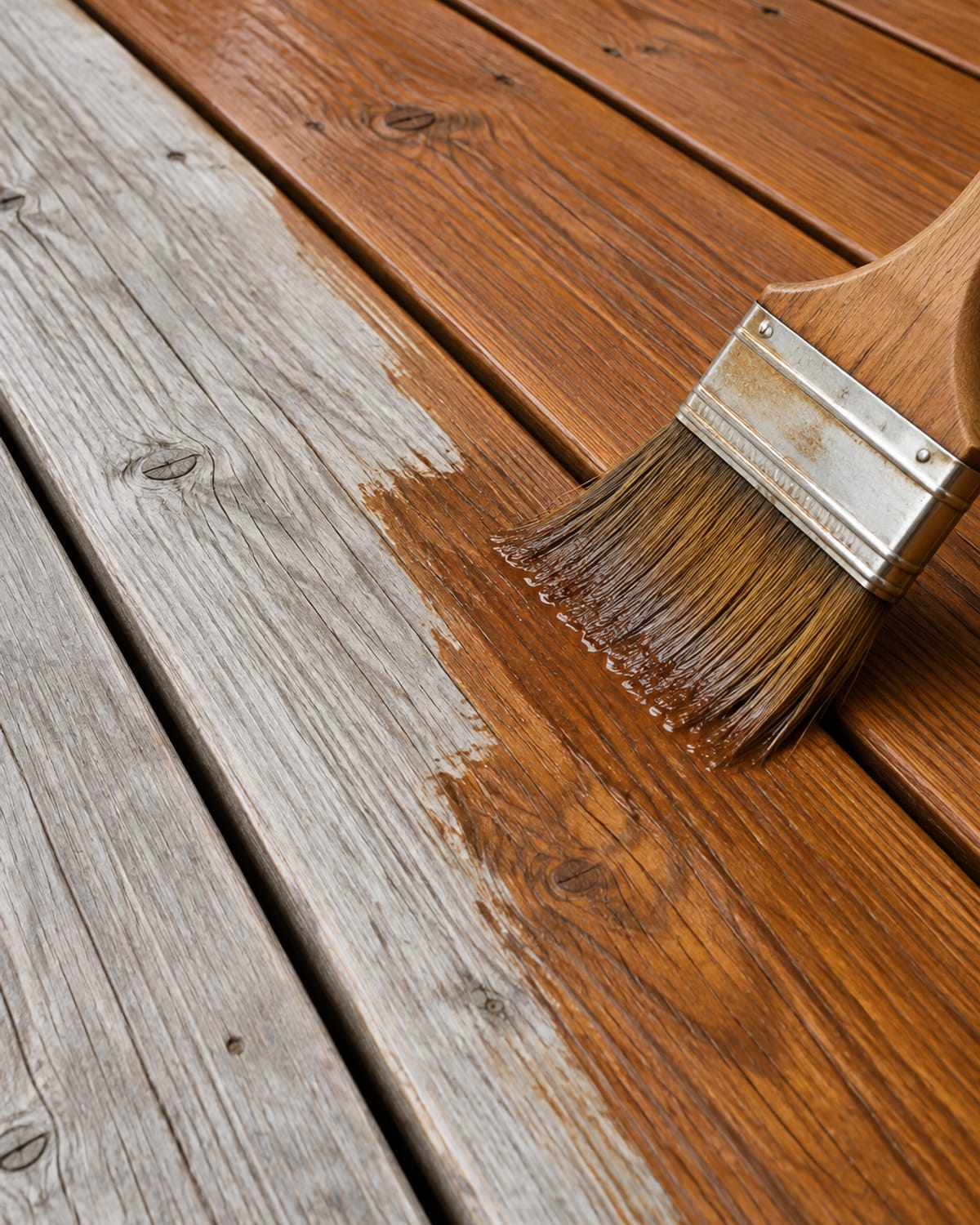 Wide stain brush working cedar-tone stain into deck boards, half the boards still weathered gray