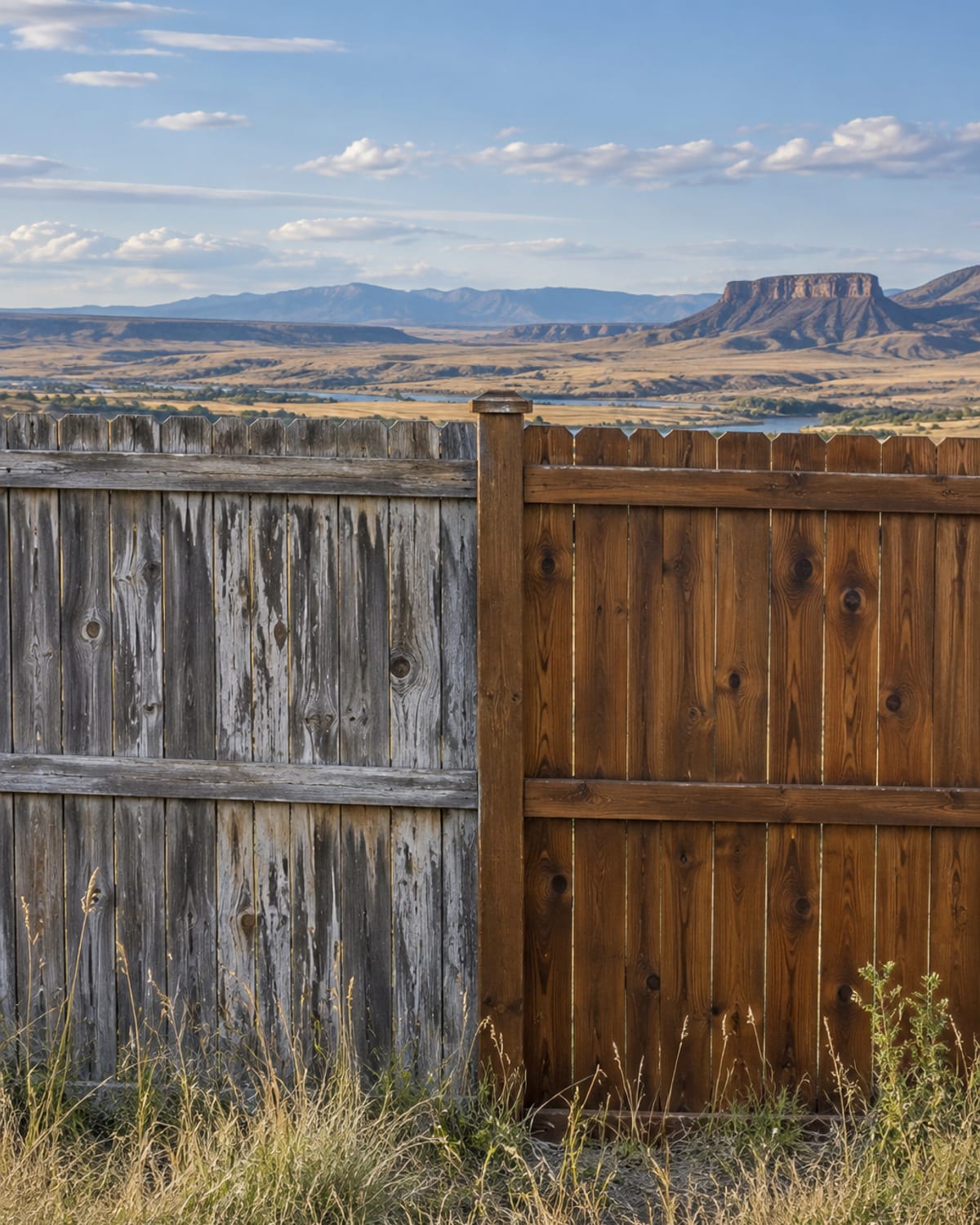 Backyard privacy fence with one section gray and peeling beside a freshly stained warm brown section