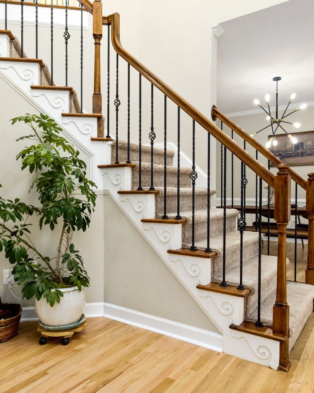 Crisp white trim and staircase detail after an interior repaint in Great Falls, MT