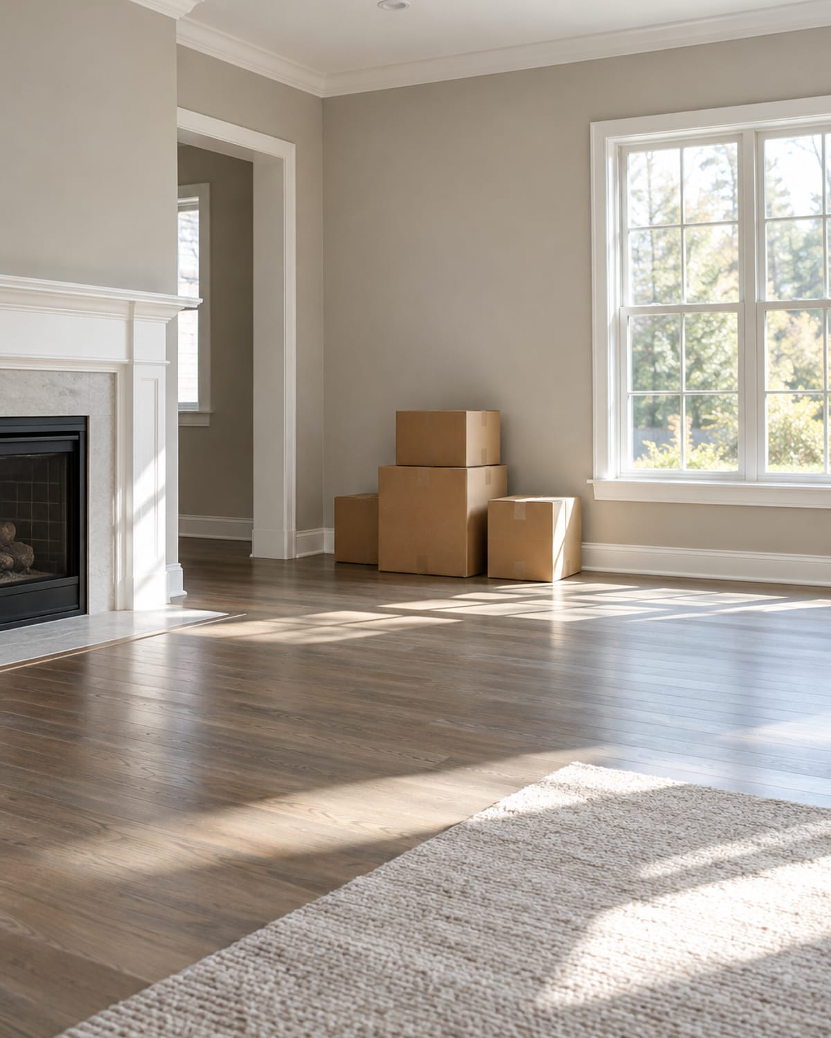 Freshly painted empty living room with moving boxes stacked by the wall in a home near Malmstrom AFB