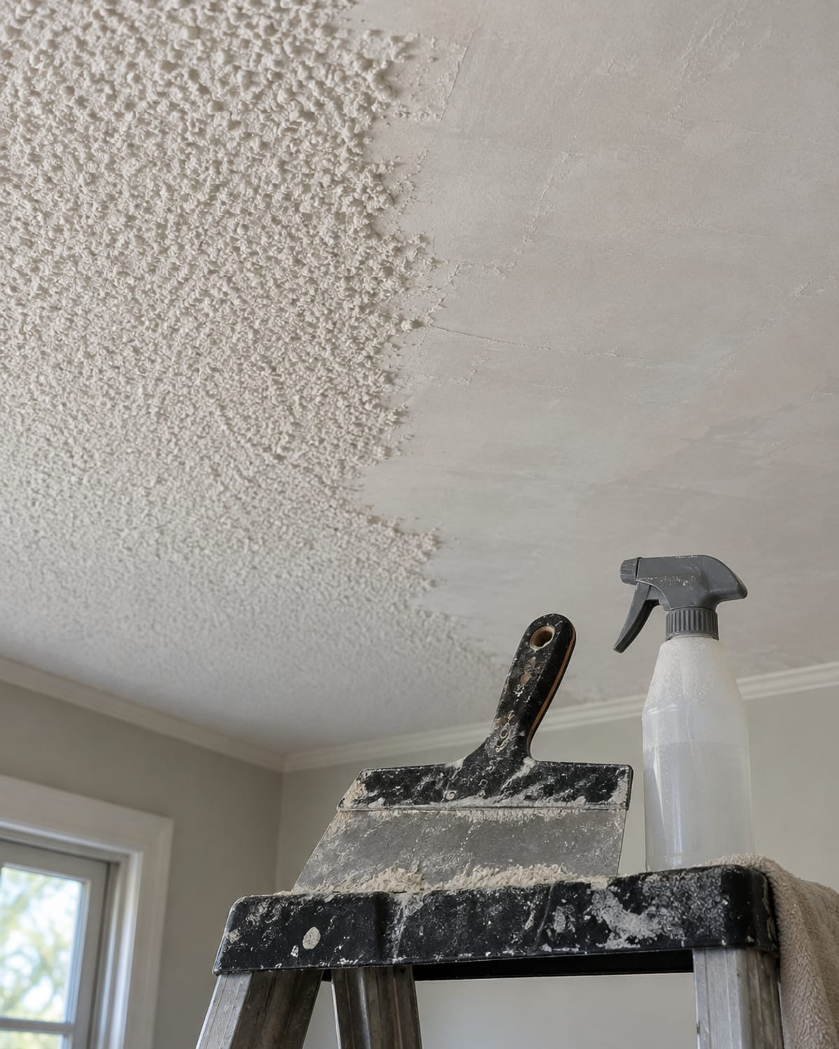 Close-up of a ceiling half scraped of popcorn texture beside the smooth skim-coated section