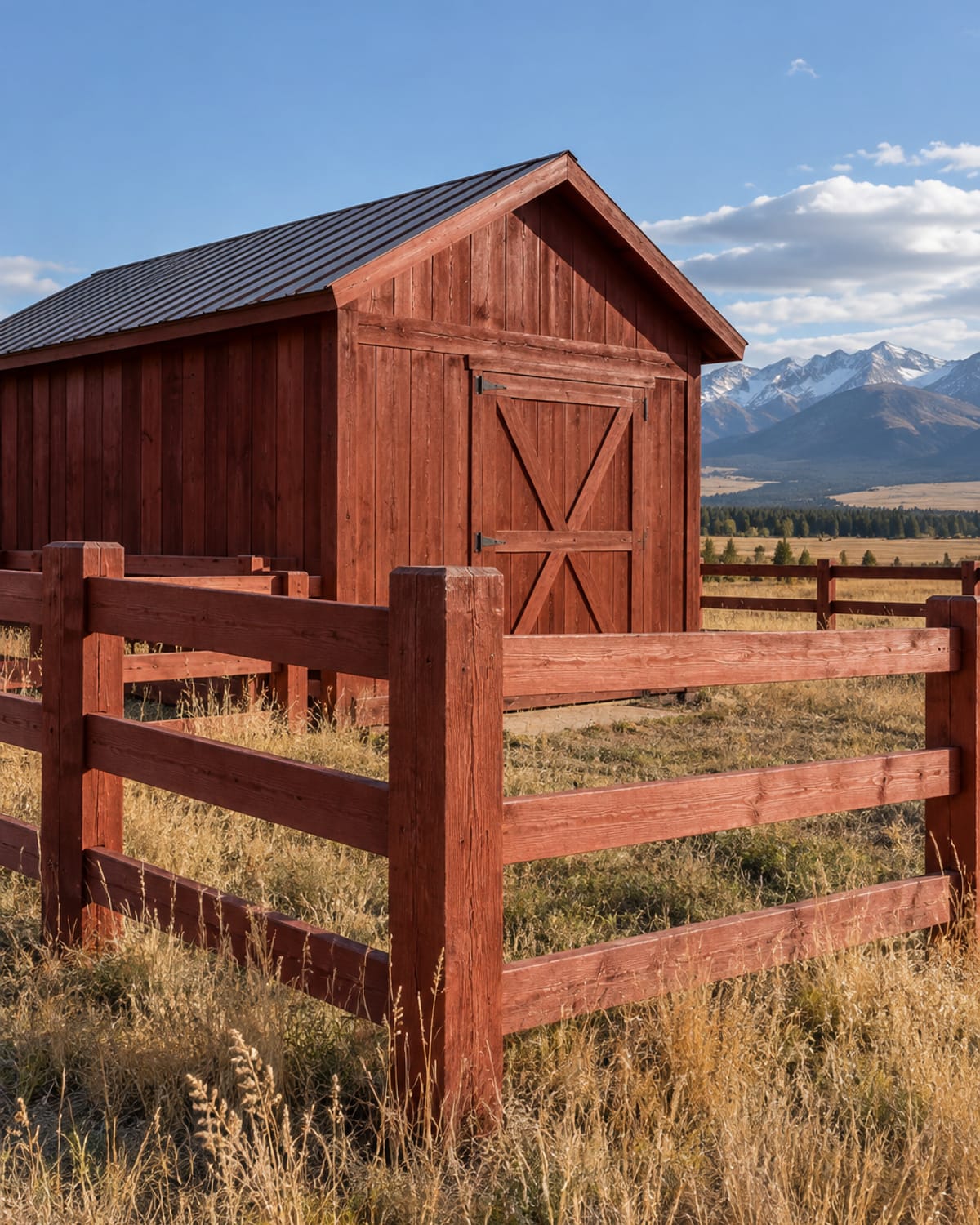 Freshly stained barn-red outbuilding and rail fence on a rural property near Vaughn, MT