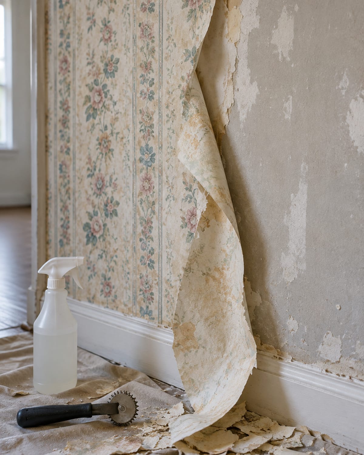 Long strip of old wallpaper peeling away from the wall with a scoring tool and spray bottle nearby