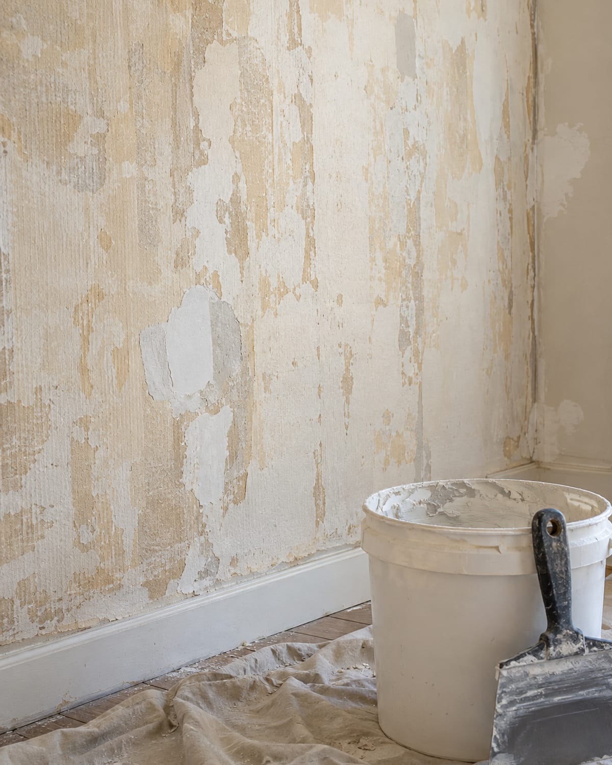 Stripped wall showing dried glue residue with a bucket of joint compound and taping knife ready for skim coat