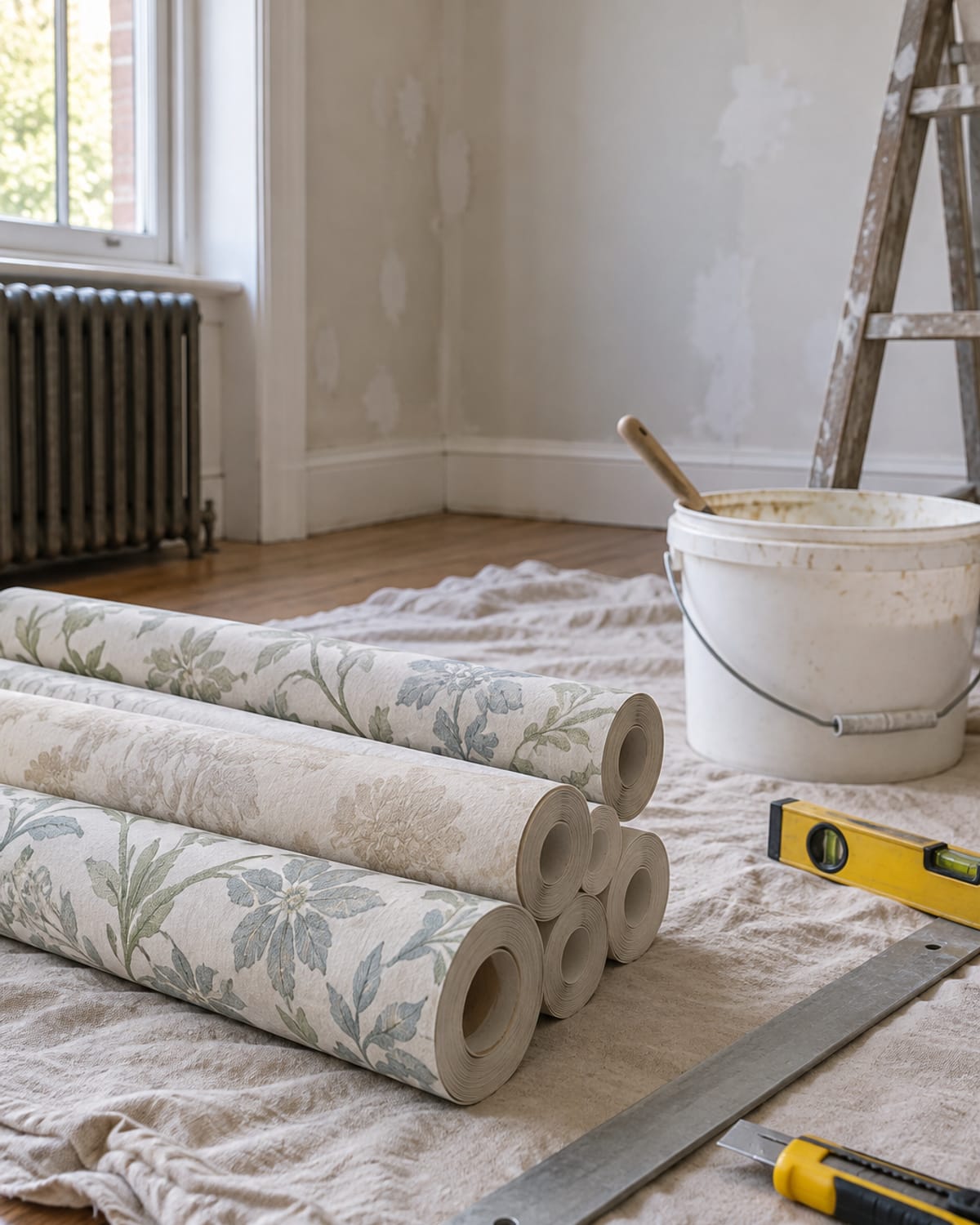 Rolls of patterned wallpaper, paste bucket, level and trimming tools staged on a drop cloth
